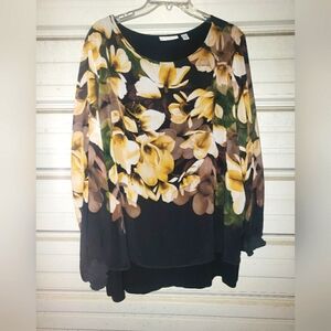 3X Plus Size Susan Graver Floral Women's Top Black Yellow Spring Blouse